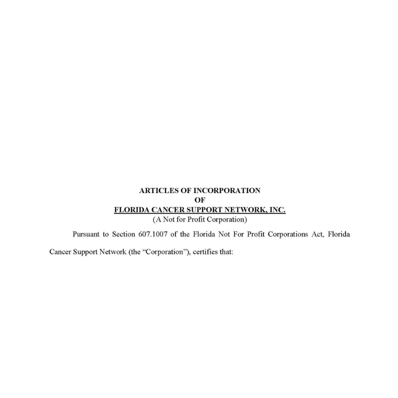 Articles of Incorporation of Florida Cancer Support Network, Inc. (A Not for Profit Corporation).