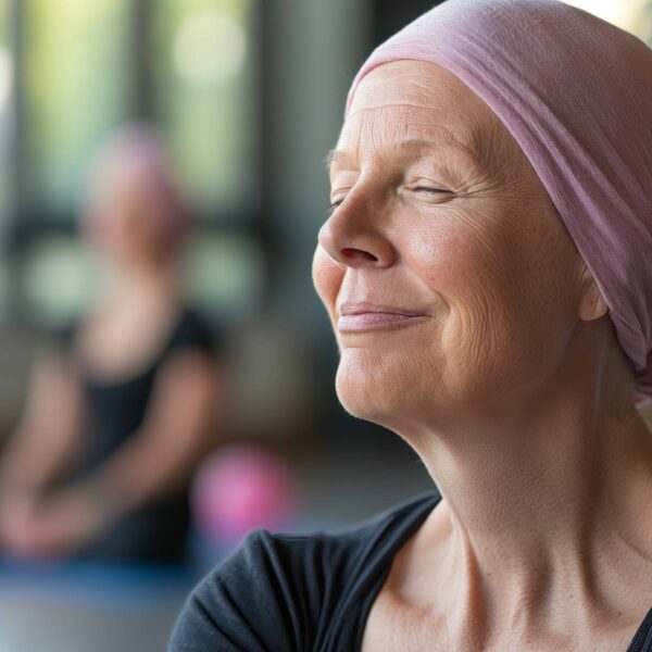AdobeStock_912419457 close-up portrait of an elderly cancer survivor with a pink headscarf, smiling during a yoga class in the gym